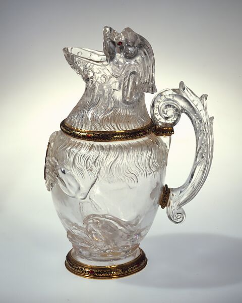 Ewer in the Shape of a Sitting Dog, Italian , Milan, second half of the 16th century and, Rock crystal, cut on the wheel, enameled gold, rubies, and reverse-painted and gilded glass (verre églomisé)., Italian, Milan and German (Aachen) or French (Paris)
