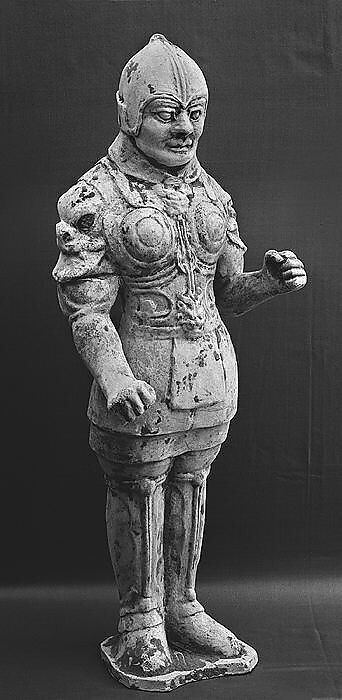 Figure of a standing warrior, Earthenware with trace of pigment, China 