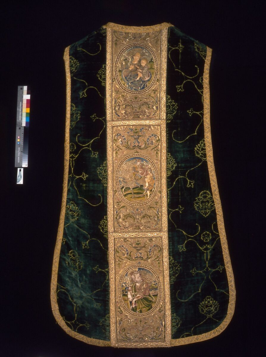 Chasuble with Orphreys depicting a saint and bishop saint (front), the Virgin and Child, Saint Martin, and Saint Peter (back), Velvet, Italian 
