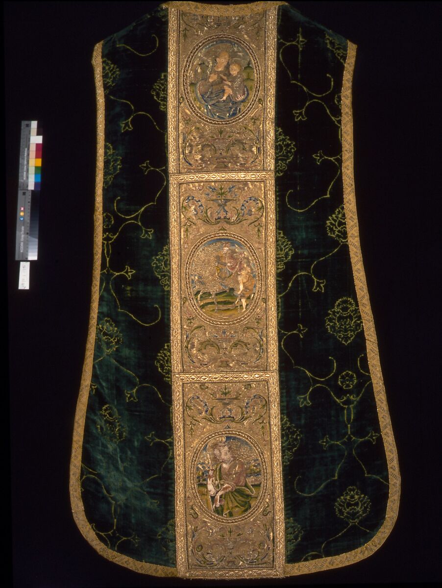 Chasuble with Orphreys depicting a saint and bishop saint (front), the Virgin and Child, Saint Martin, and Saint Peter (back), Velvet, Italian