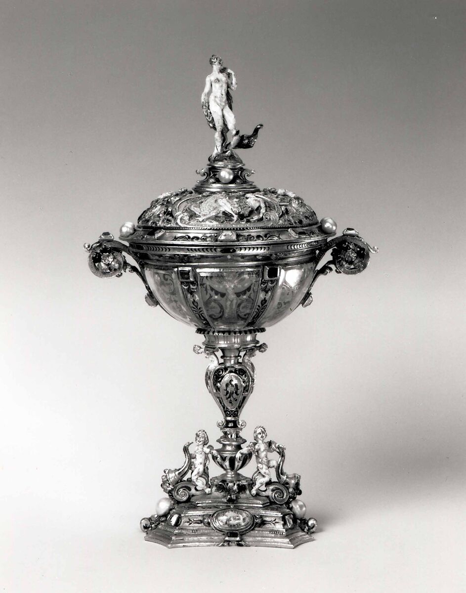 Cup and Cover with Hercules and the Nemean Lion, Prudence, and Juno with a Peacock (finial), Gold, enamel, pearls, diamonds, and rubies., Western European