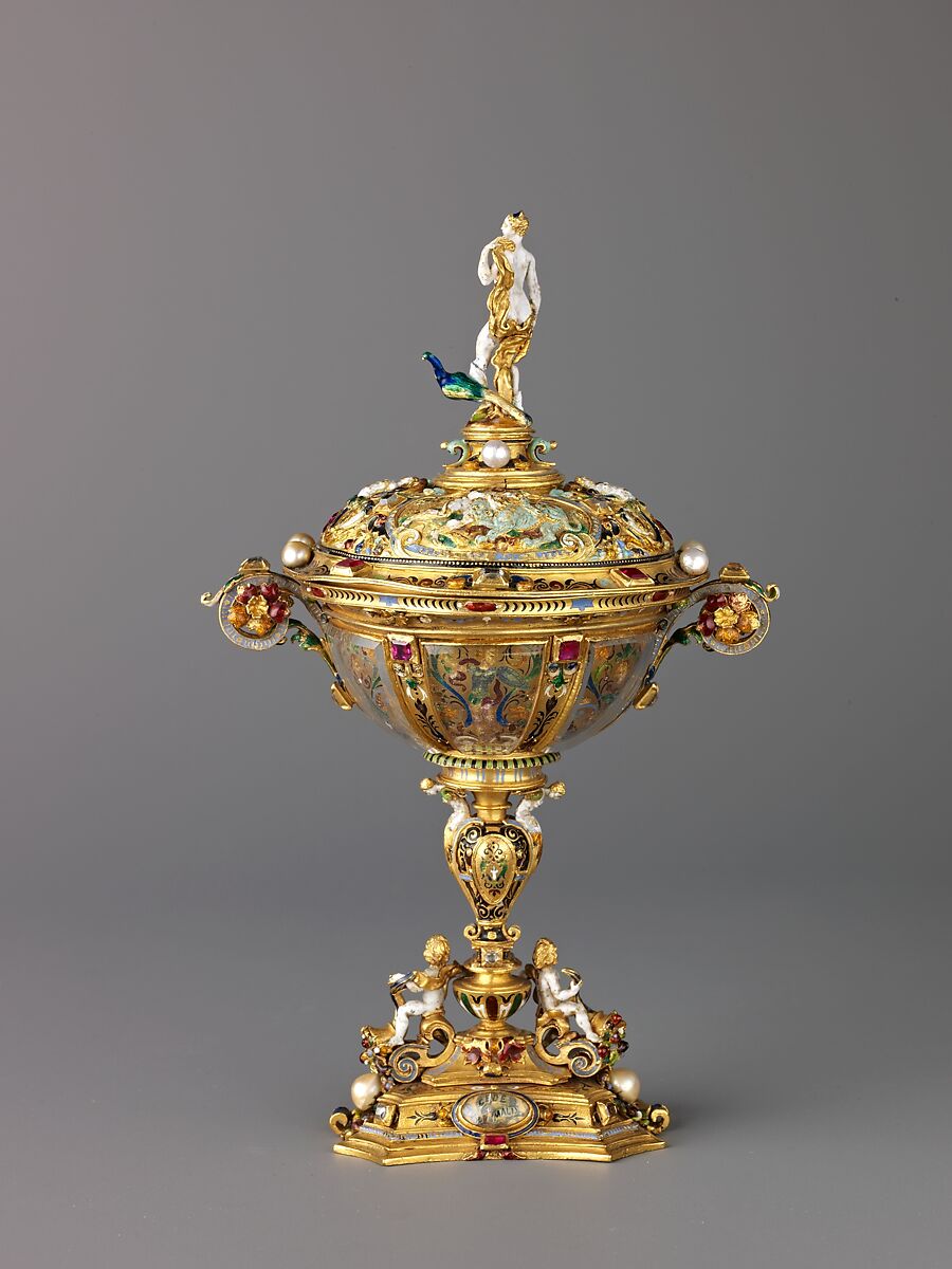 Cup and Cover with Hercules and the Nemean Lion, Prudence, and Juno with a Peacock (finial), Gold, enamel, pearls, diamonds, and rubies., Western European