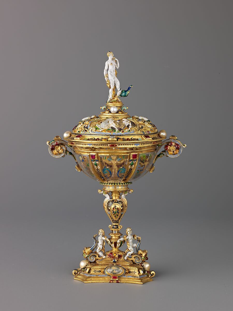 Cup and Cover with Hercules and the Nemean Lion, Prudence, and Juno with a Peacock (finial), Gold, enamel, pearls, diamonds, and rubies., Western European 