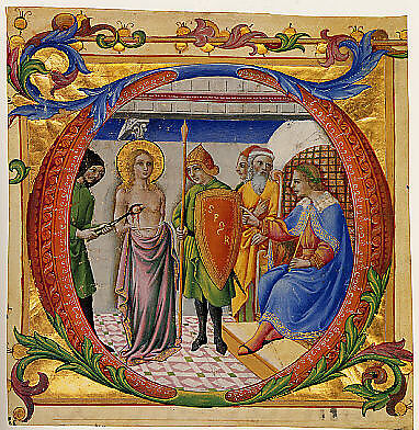 Martyrdom of Saint Agatha in an Initial D, Sano di Pietro (Ansano di Pietro di Mencio) (Italian, Siena 1405–1481 Siena), Tempera and gold on parchment
