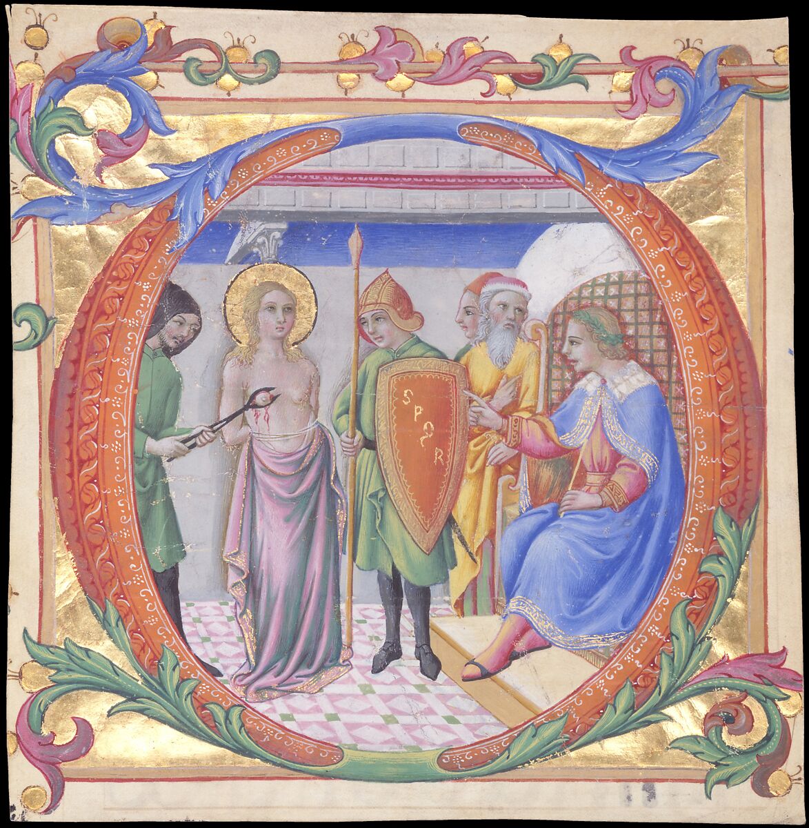 Martyrdom of Saint Agatha in an Initial D, Sano di Pietro (Ansano di Pietro di Mencio) (Italian, Siena 1405–1481 Siena), Tempera and gold on parchment 