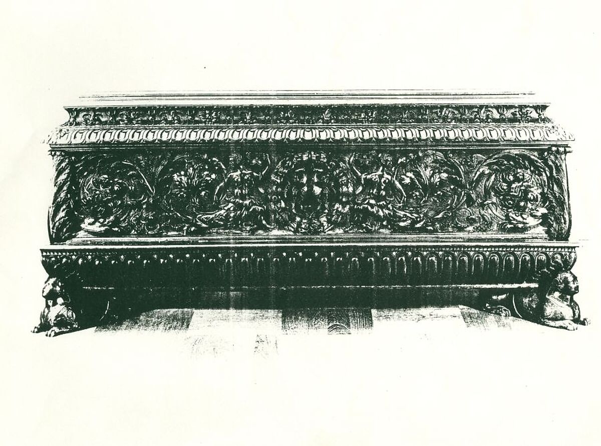 Cassone (chest, pair with 1975.1.1945), Walnut, carved and partly gilded., Italian (Tuscany?)
