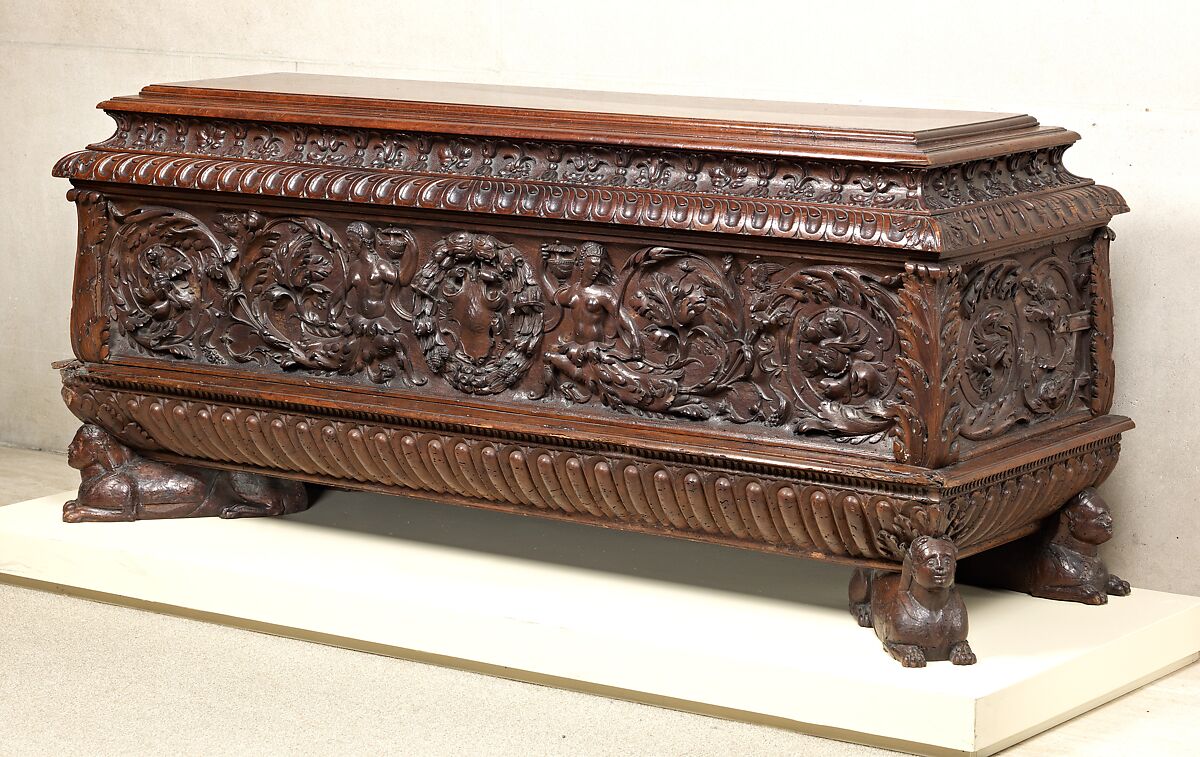 Cassone (chest, pair with 1975.1.1945), Walnut, carved and partly gilded., Italian (Tuscany?) 