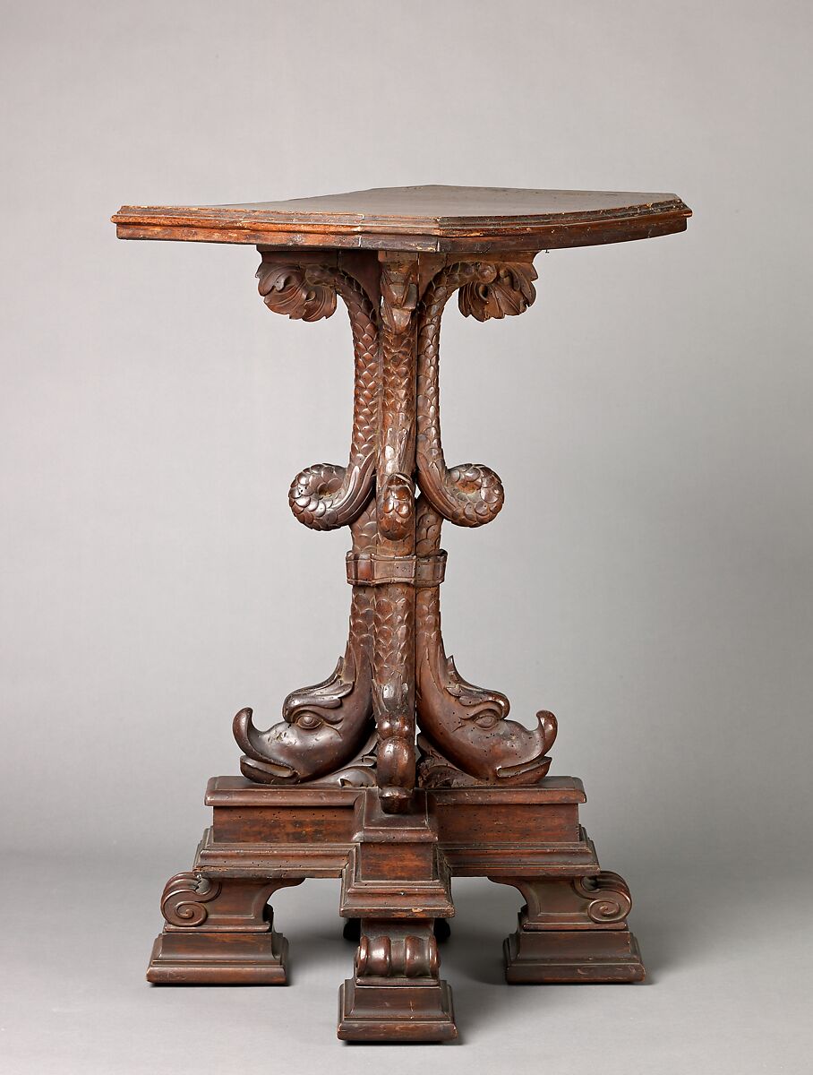 Square table, Walnut, carved., Italian (?)