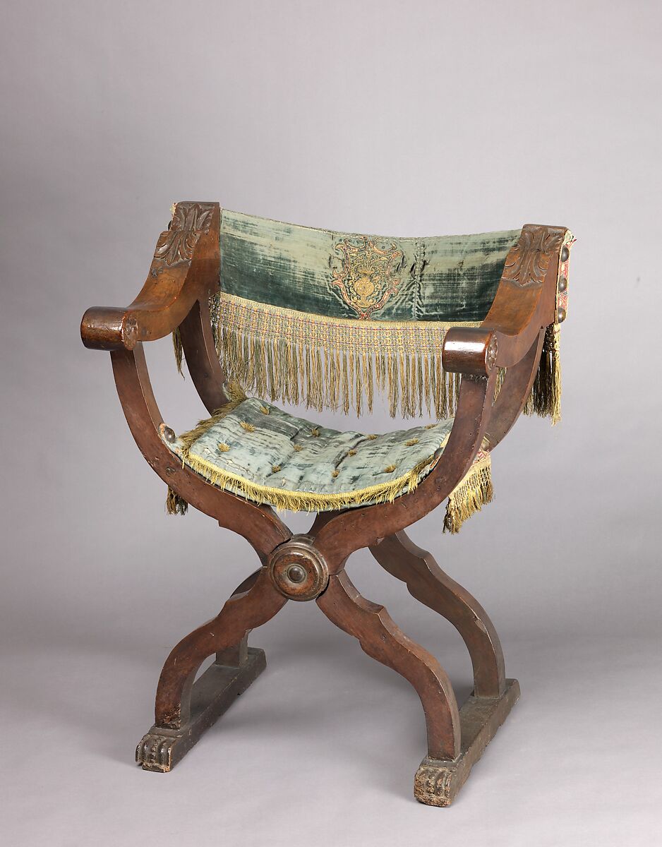 Hip-joint armchair (Dantesca type, associated with 1975.1.1970 a,b), Walnut, carved; embroidery, silk velvet, metal., Italian 