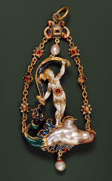 Pendant with Fortuna, probably Alfred André (French, 1839–1919), enameled gold, baroque pearl, rubies and diamonds., France, Paris