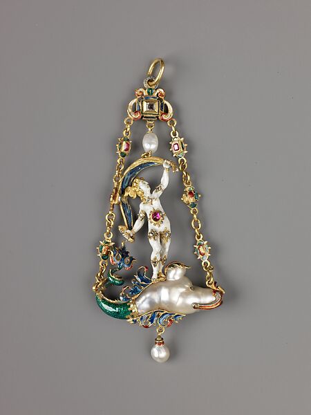 Pendant with Fortuna, probably Alfred André (French, 1839–1919), enameled gold, baroque pearl, rubies and diamonds., France, Paris 