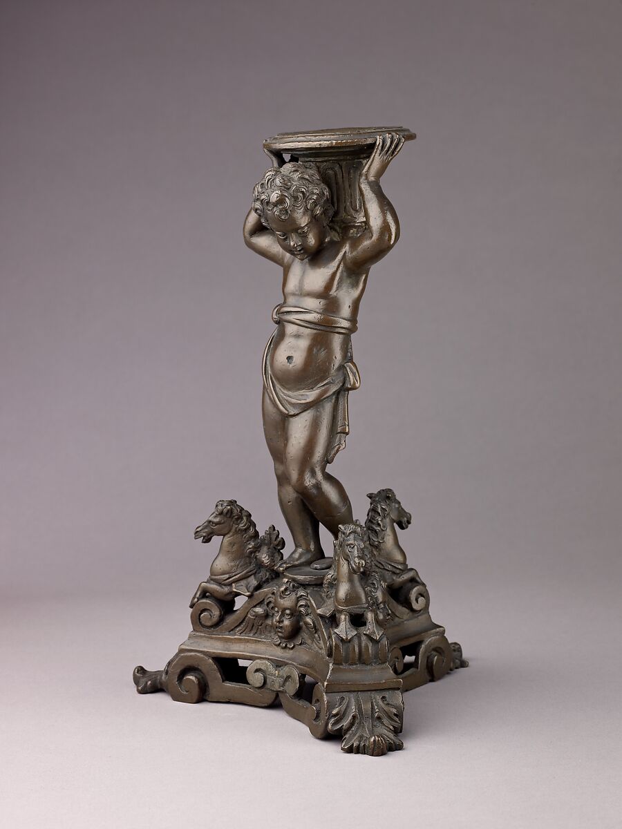 Candlestick in the form of a Putto (see also 1975.1.1375, .1376, .1377), Bronze (Copper alloy with a dull patina varying from a reddish to olive green color), Italian, Venice 