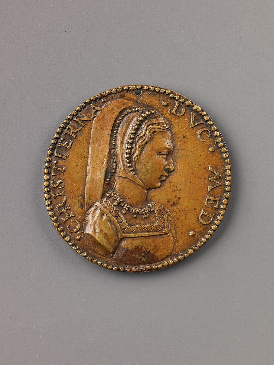 Portrait medal of Christine of Denmark, Jacopo Nizolla da Trezzo (Italian, Milan 1515/19–1589 Madrid), Bronze (Copper alloy with honey-colored
patina) 