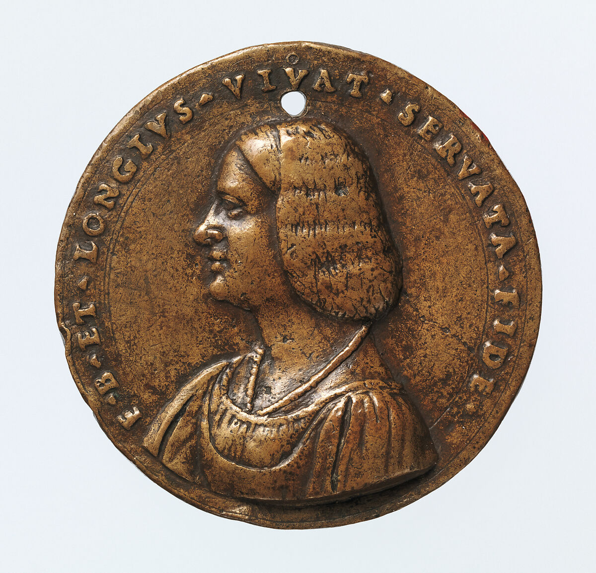 Portrait medal of an Unknown Lady (obverse); A Kneeling Man with a Basket of Fruit, Cupid, and the Caduceus of Mercury (reverse), Giovanni Maria Pomedelli (Italian, Villafranca di Verona 1478–1537), Bronze (copper alloy with a light brown
patina under a worn reddish brown layer of wax or lacquer) 