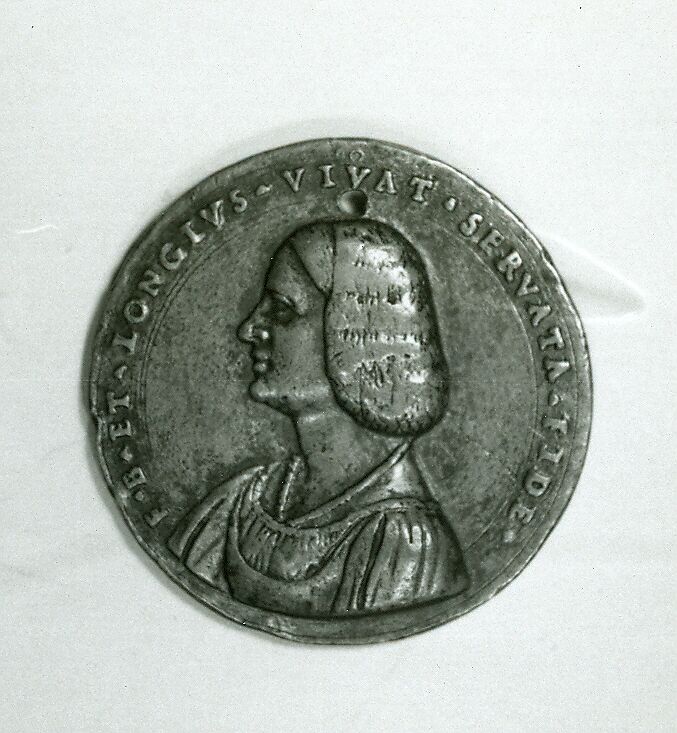 Portrait medal of an Unknown Lady (obverse); A Kneeling Man with a Basket of Fruit, Cupid, and the Caduceus of Mercury (reverse), Giovanni Maria Pomedelli (Italian, Villafranca di Verona 1478–1537), Bronze (copper alloy with a light brown
patina under a worn reddish brown layer of wax or lacquer)