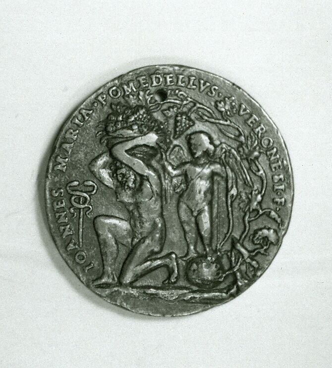 Portrait medal of an Unknown Lady (obverse); A Kneeling Man with a Basket of Fruit, Cupid, and the Caduceus of Mercury (reverse), Giovanni Maria Pomedelli (Italian, Villafranca di Verona 1478–1537), Bronze (copper alloy with a light brown
patina under a worn reddish brown layer of wax or lacquer)