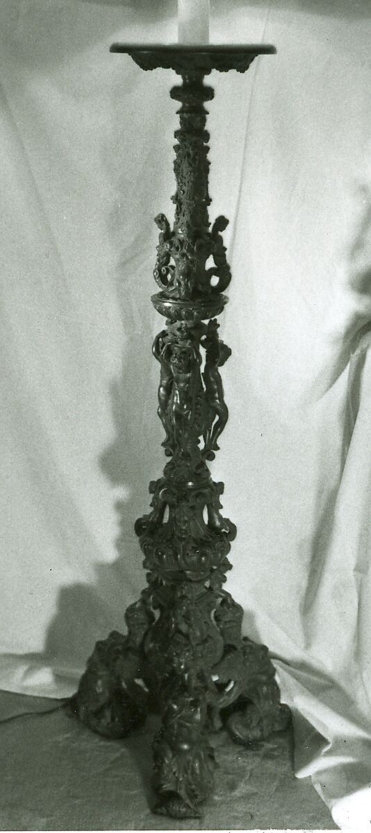 Candelabra supported by three female demi-figures, Copper alloy, black patina., Italian, Veneto (?) 