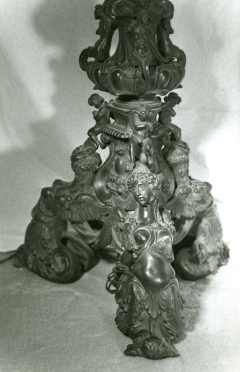 Candelabra supported by three female demi-figures, Copper alloy, black patina., Italian, Veneto (?)