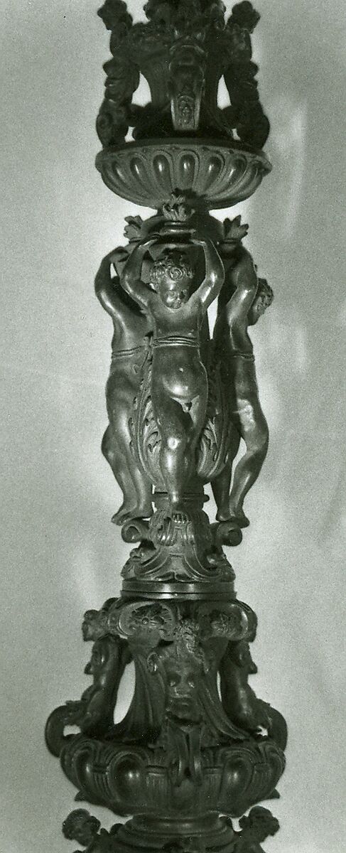 Candelabra supported by three female demi-figures, Copper alloy, black patina., Italian, Veneto (?)