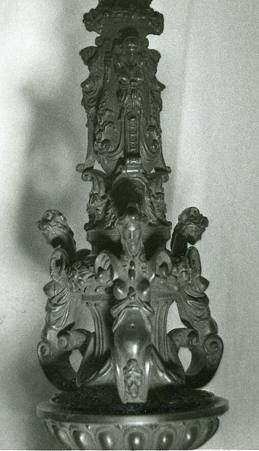 Candelabra supported by three female demi-figures, Copper alloy, black patina., Italian, Veneto (?)