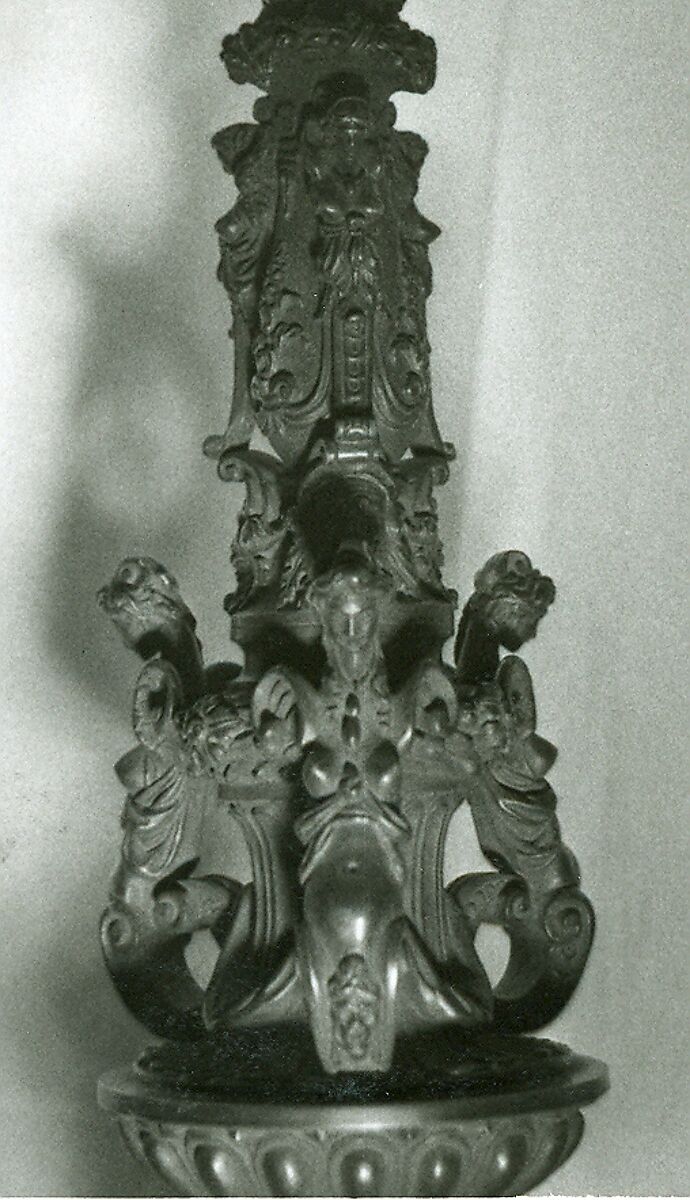 Candelabra supported by three female demi-figures, Copper alloy, black patina, Italian, Veneto (?)