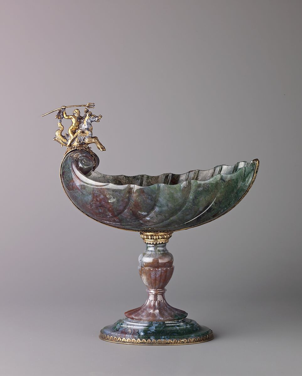 Standing Cup with Neptune on a Seahorse, Green agate and silver gilt., probably German 