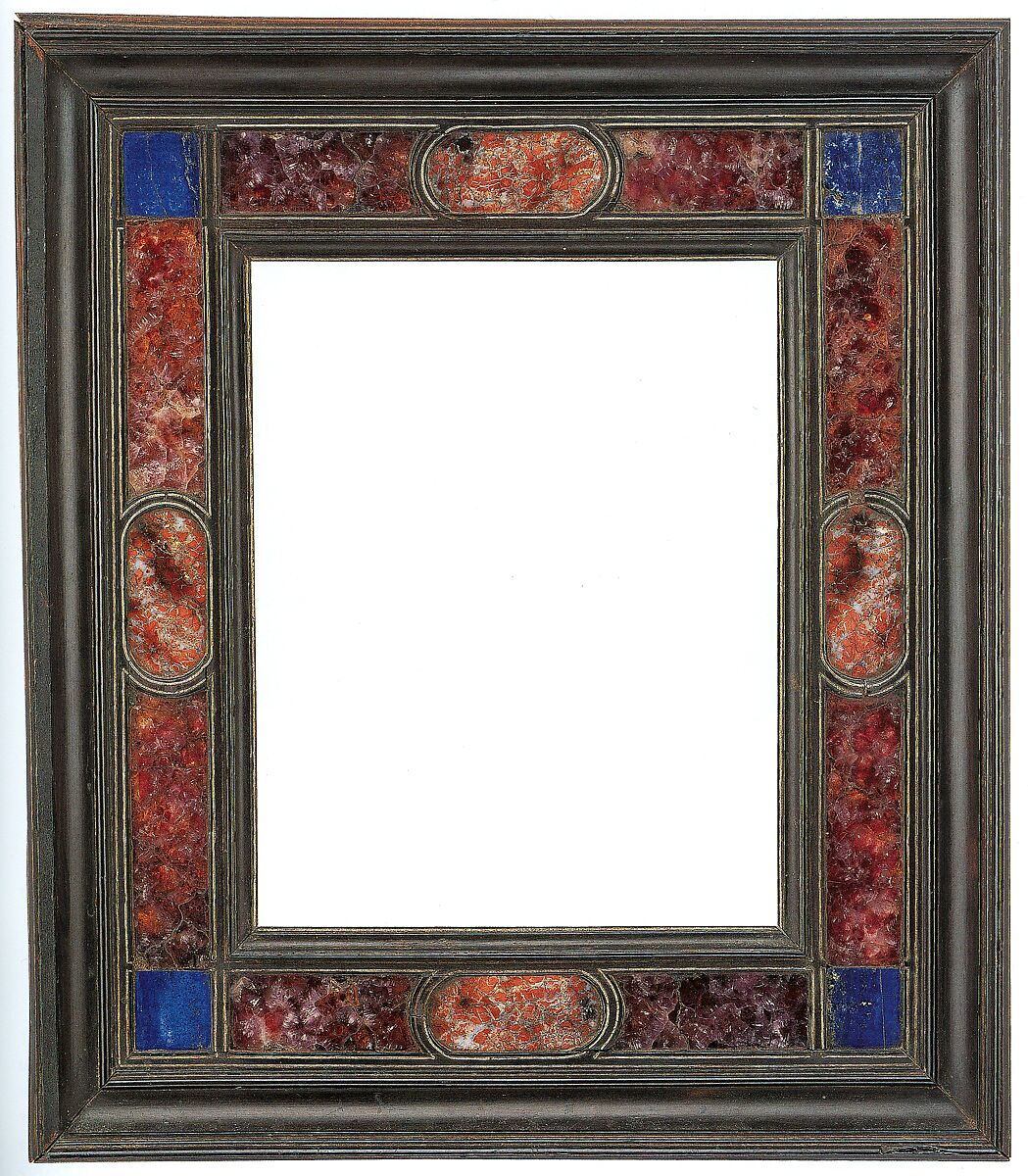 Cassetta frame, Unknown  , working in Rome, Poplar back frame with applied upper moldings in walnut, ebony, and ebonized pearwood.  Half-lapped back frame.  Niello; crystal and lapis lazulipanels with silver leaf beneath; some with dragon's-blood glaze.  Frieze: niello-bordered panels with radius-ended centers and square corners., Italian, Rome 