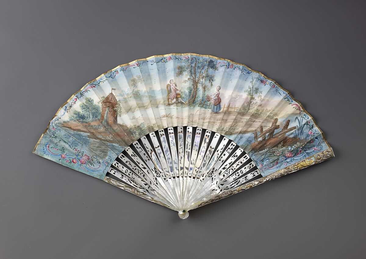 Folding fan, Leaf: gouache and bronze paint on paper.
Sticks and guards: mother-of-pearl, carved, pierced and veneered, decorated with gold-and-silver-toned metal leaf.
Pivot: green paste jewel., Austrian or German