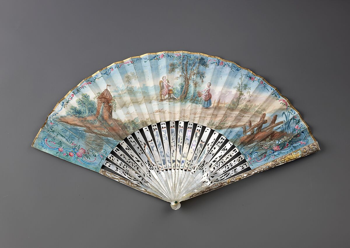 Folding fan, Leaf: gouache and bronze paint on paper.
Sticks and guards: mother-of-pearl, carved, pierced and veneered, decorated with gold-and-silver-toned metal leaf.
Pivot: green paste jewel., Austrian or German