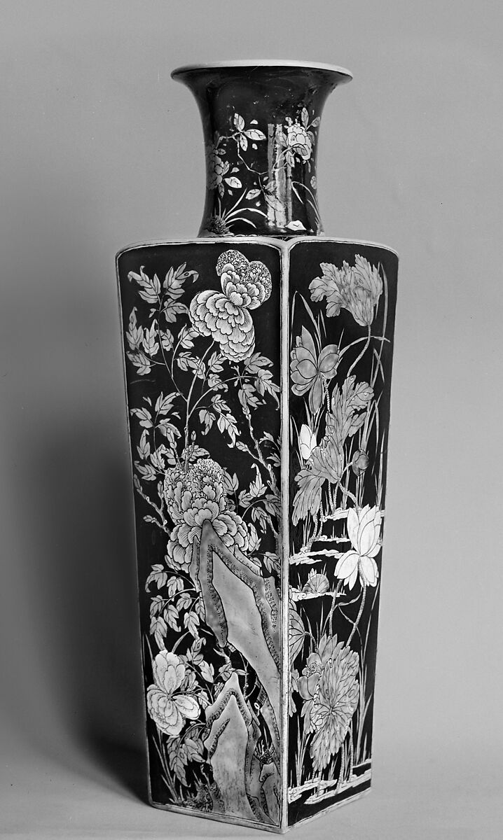 Square vase with flowers of four seasons, Porcelain painted in polychrome enamels over black ground (Jingdezhen ware, famille noire), China 