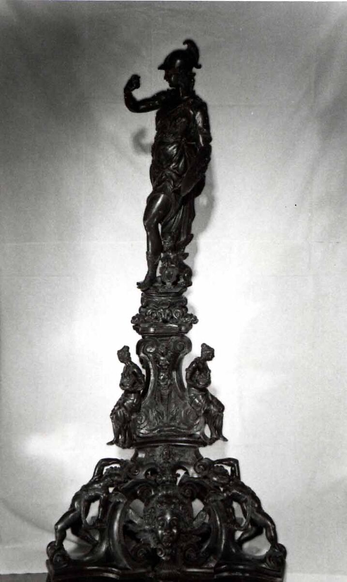 Andiron, Model, workshop of Niccolò Roccatagliata (Italian, born Genoa, active 1593–1636) (?), Venice, Copper alloy with a warm brown patina under a partly worn dark brown to black patina, cast in three segments.