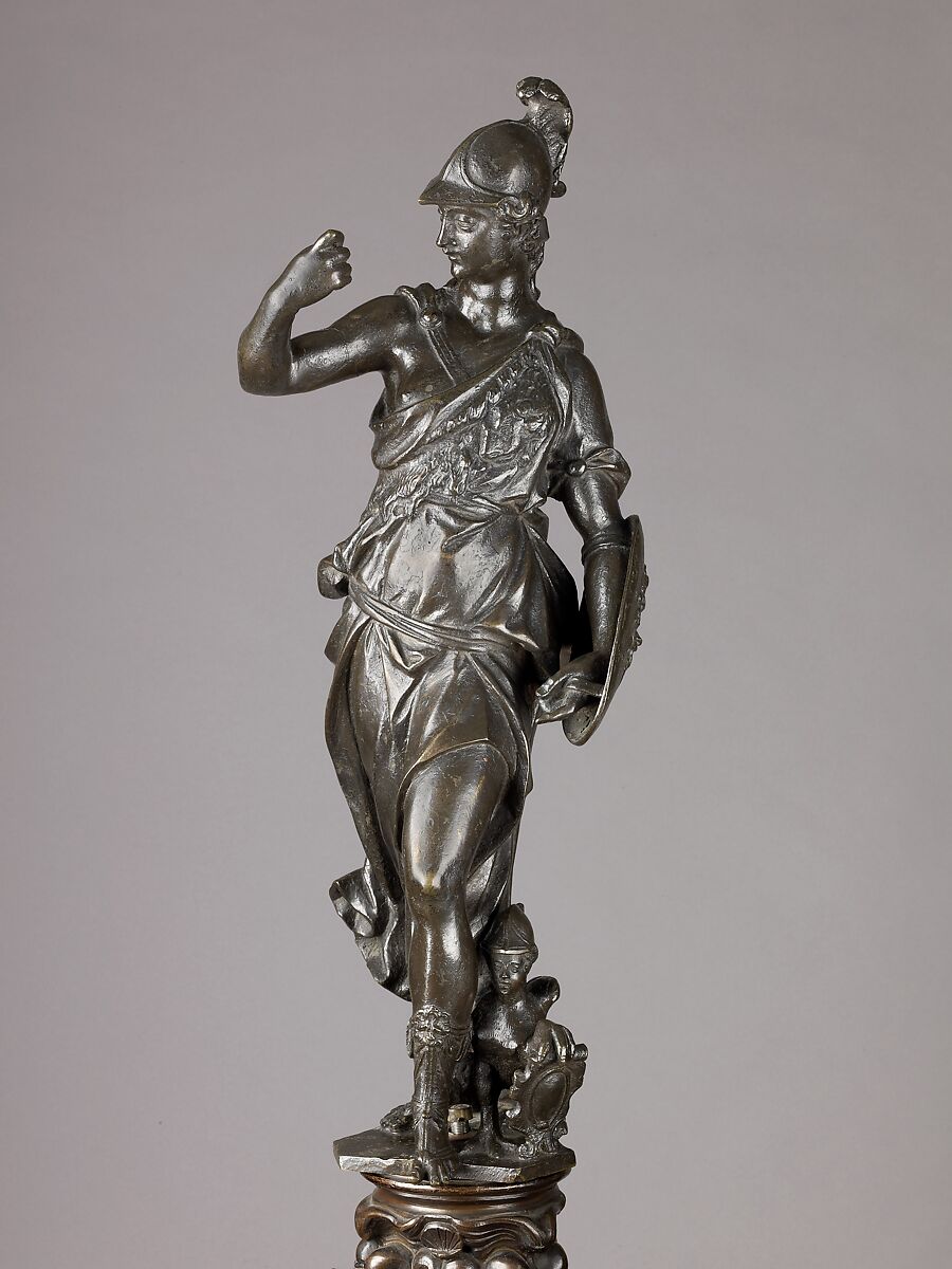 Andiron, Model, workshop of Niccolò Roccatagliata (Italian, born Genoa, active 1593–1636) (?), Venice, Copper alloy with a warm brown patina under a partly worn dark brown to black patina, cast in three segments.