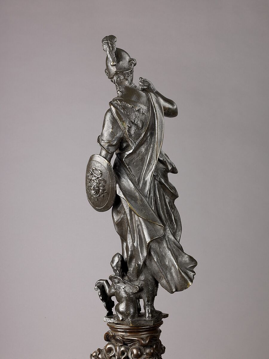 Andiron, Model, workshop of Niccolò Roccatagliata (Italian, born Genoa, active 1593–1636) (?), Venice, Copper alloy with a warm brown patina under a partly worn dark brown to black patina, cast in three segments.