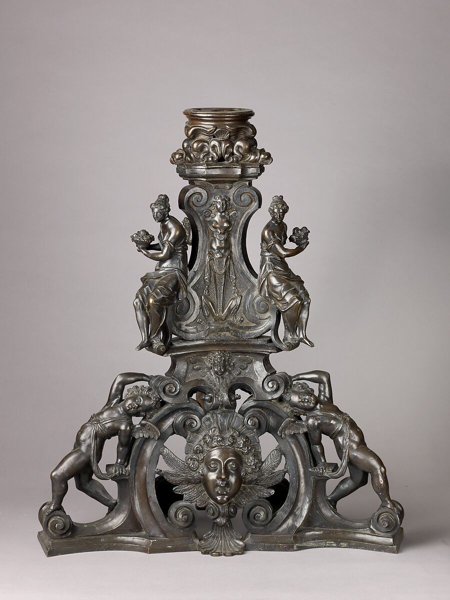 Andiron, Model, workshop of Niccolò Roccatagliata (Italian, born Genoa, active 1593–1636) (?), Venice, Copper alloy with a warm brown patina under a partly worn dark brown to black patina, cast in three segments.