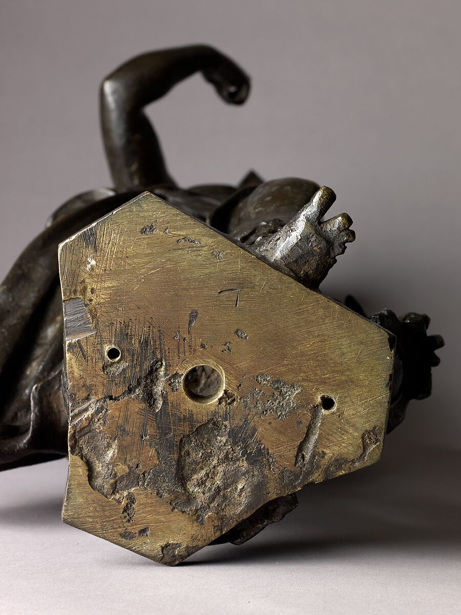 Andiron, Model, workshop of Niccolò Roccatagliata (Italian, born Genoa, active 1593–1636) (?), Venice, Copper alloy with a warm brown patina under a partly worn dark brown to black patina, cast in three segments.