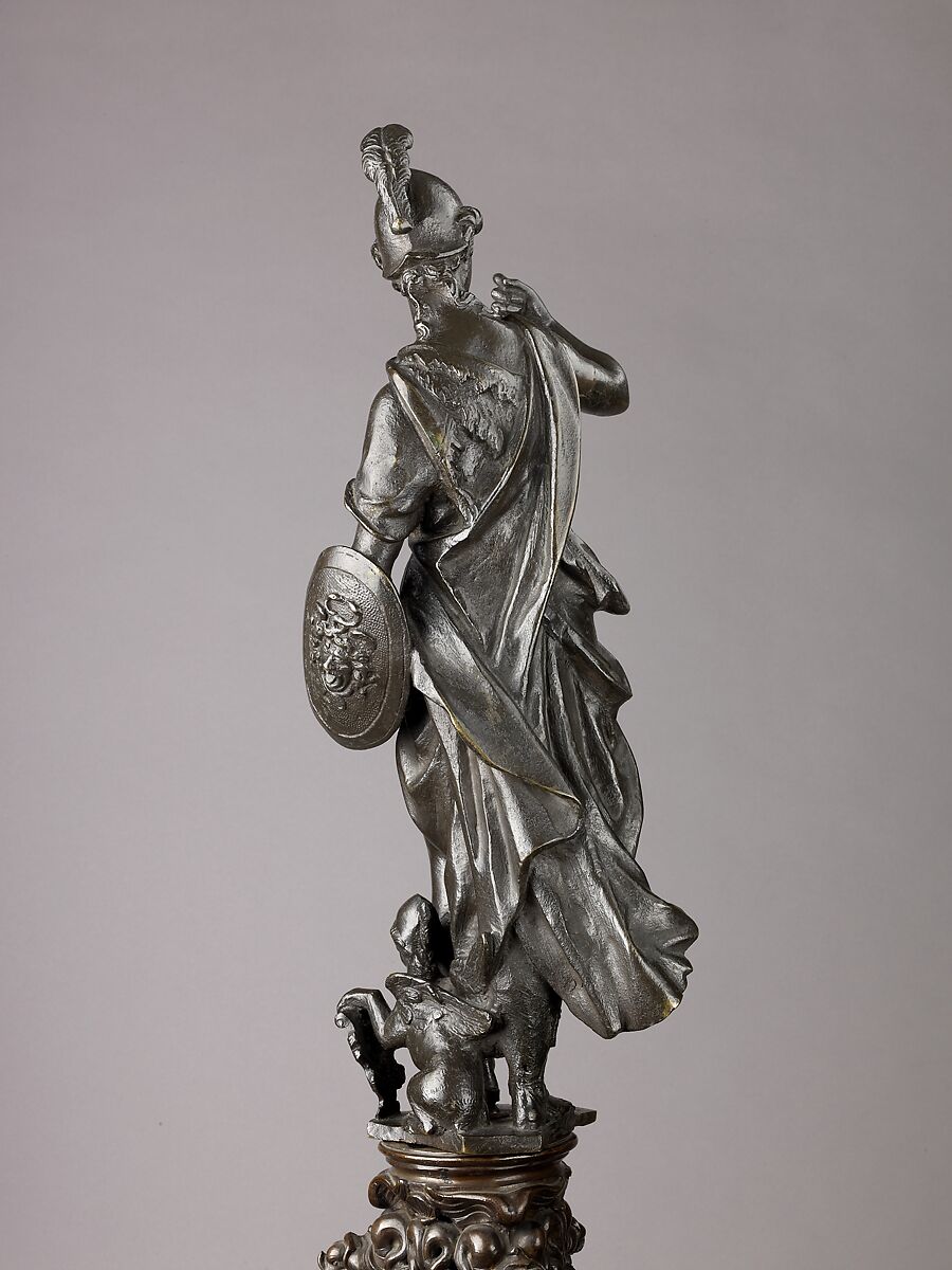 Andiron, Model, workshop of Niccolò Roccatagliata (Italian, born Genoa, active 1593–1636) (?), Venice, Copper alloy with a warm brown patina under a partly worn dark brown to black patina, cast in three segments.