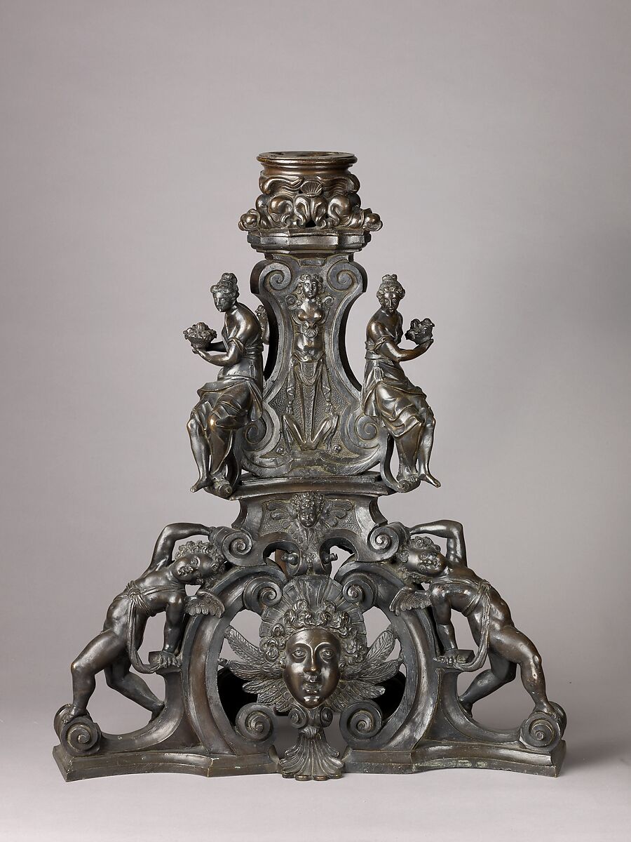 Andiron, Model, workshop of Niccolò Roccatagliata (Italian, born Genoa, active 1593–1636) (?), Venice, Copper alloy with a warm brown patina under a partly worn dark brown to black patina, cast in three segments.