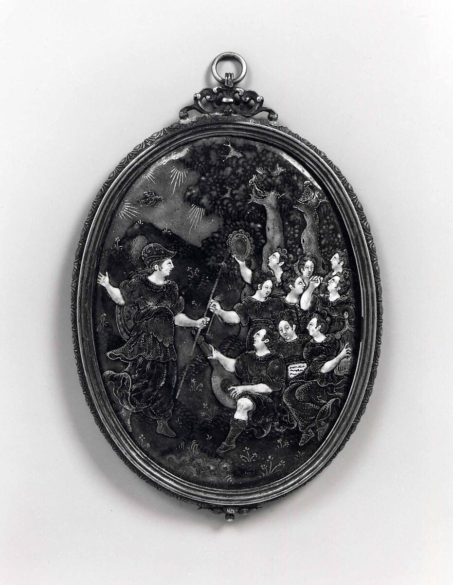 Mirror; Minerva Visits the Muses on Mount Helicon, Suzanne de Court (French, active 1575–1625), Painted enamel, partly gilt and partly silvered; on copper; silver; mirror glass.