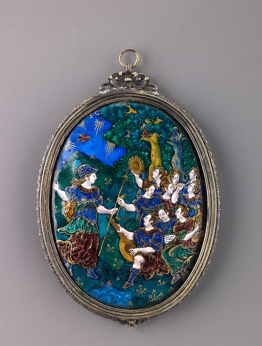 Mirror; Minerva Visits the Muses on Mount Helicon, Suzanne de Court (French, active 1575–1625), Painted enamel, partly gilt and partly silvered; on copper; silver; mirror glass. 