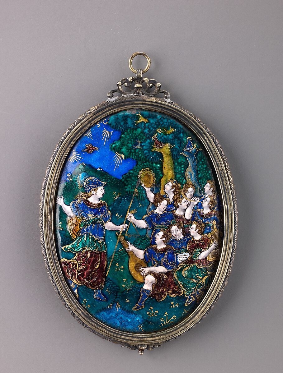 Mirror; Minerva Visits the Muses on Mount Helicon, Suzanne de Court  French, Painted enamel, partly gilt and partly silvered; on copper; silver; mirror glass.