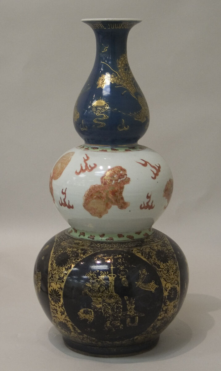 Triple gourd vase, Porcelain painted in overglaze polychrome enamels, and gilt over blue ground (Jingdezhen ware), China 