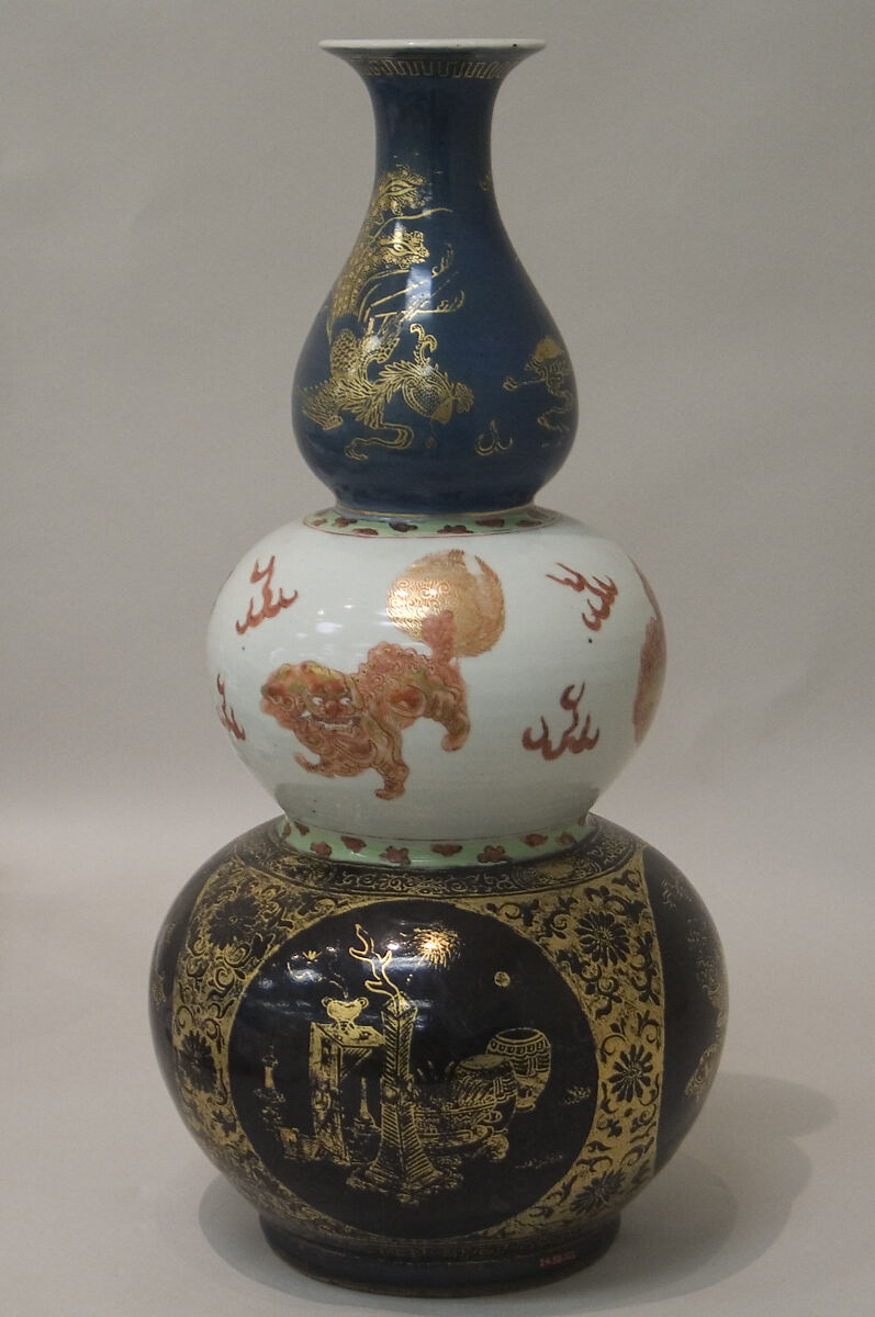 Triple gourd vase, Porcelain painted in overglaze polychrome enamels, and gilt over blue ground (Jingdezhen ware), China