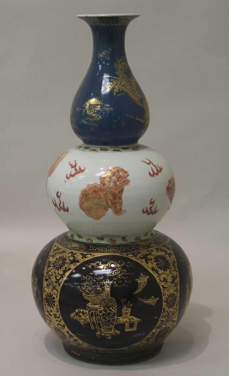 Triple gourd vase, Porcelain painted in overglaze polychrome enamels, and gilt over blue ground (Jingdezhen ware), China