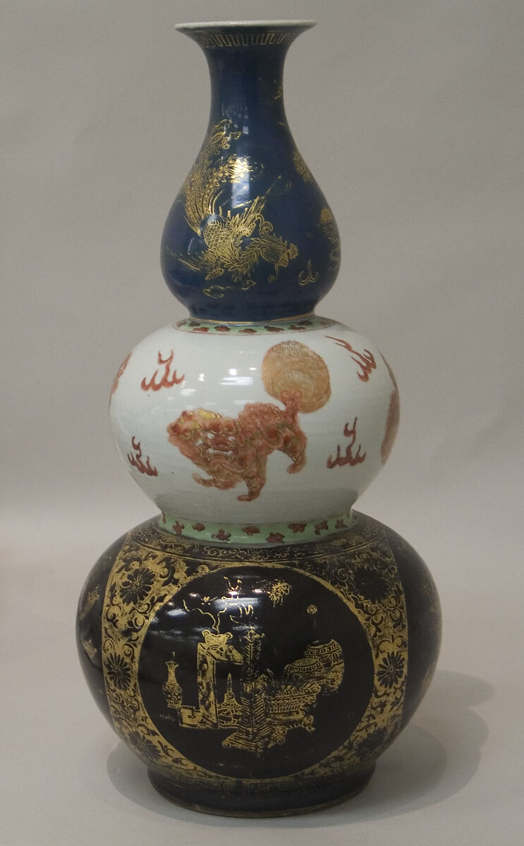 Triple gourd vase, Porcelain painted in overglaze polychrome enamels, and gilt over blue ground (Jingdezhen ware), China