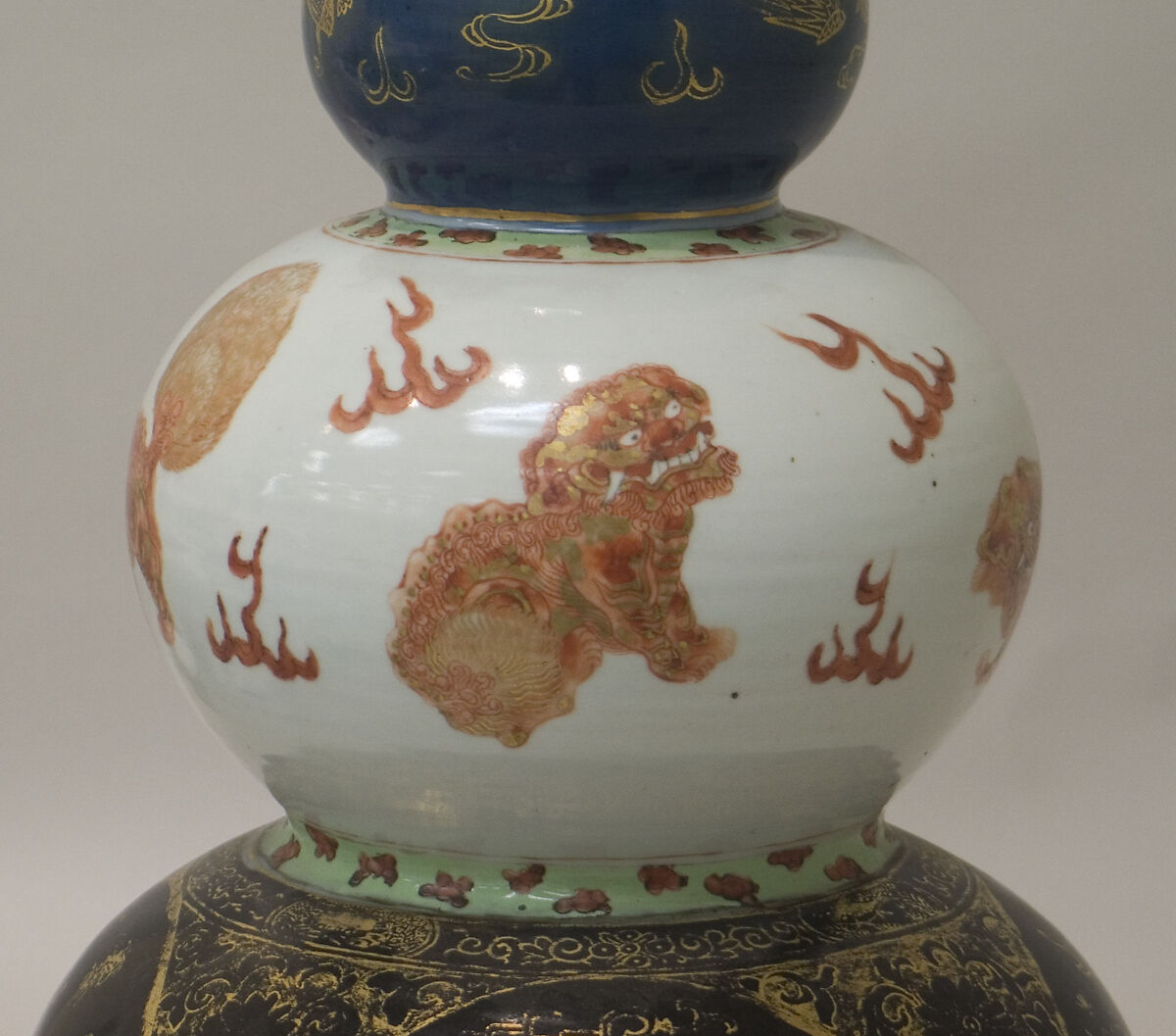 Triple gourd vase, Porcelain painted in overglaze polychrome enamels, and gilt over blue ground (Jingdezhen ware), China