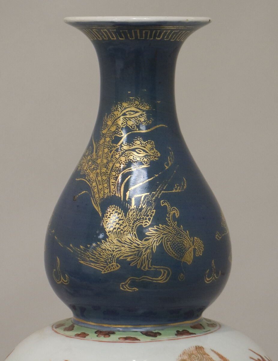 Triple gourd vase, Porcelain painted in overglaze polychrome enamels, and gilt over blue ground (Jingdezhen ware), China