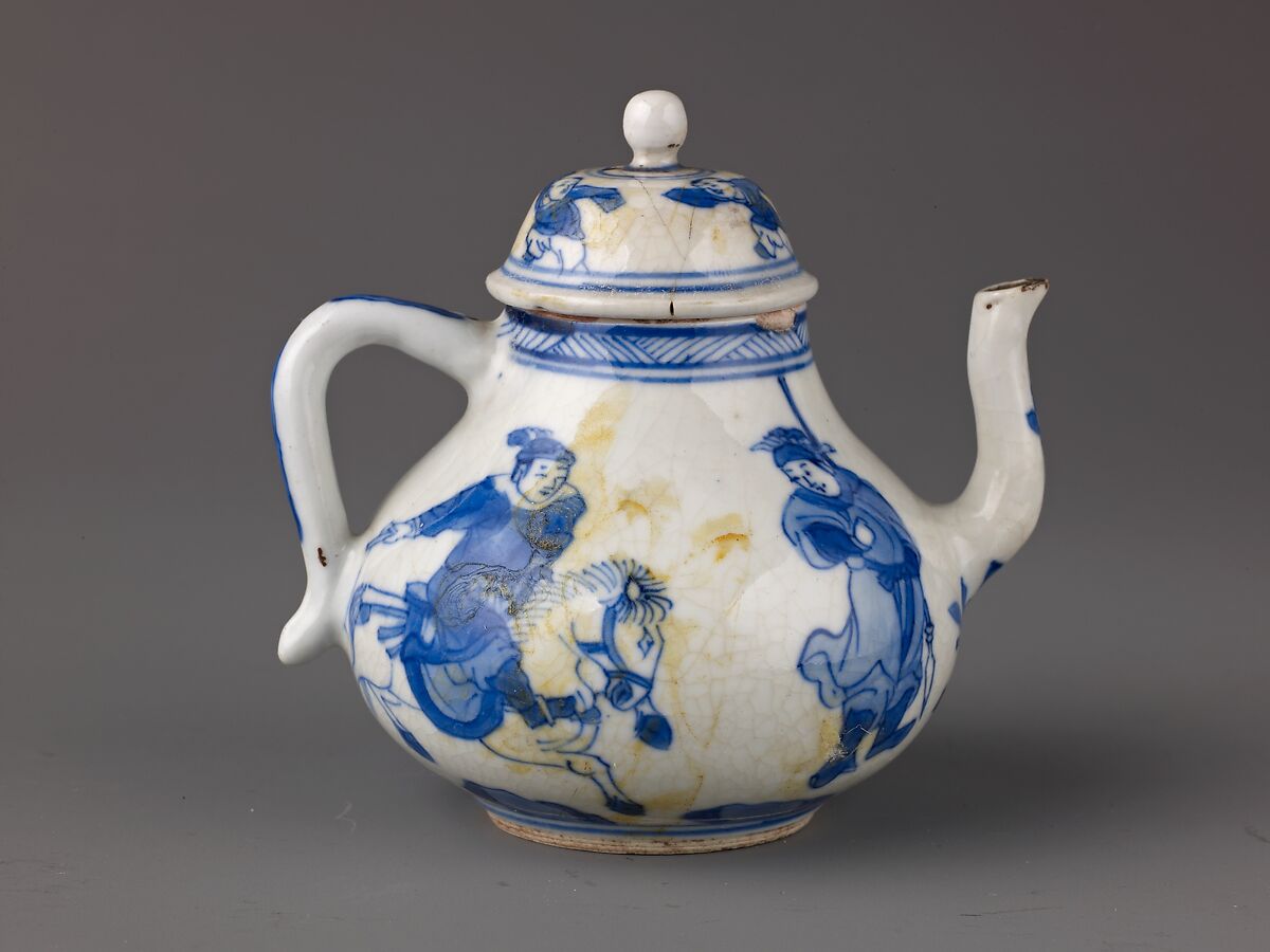 Small covered wine pot or teapot, Chinese  , Qing Dynasty, Kangxi period, Porcelain painted in underglaze blue., Chinese 