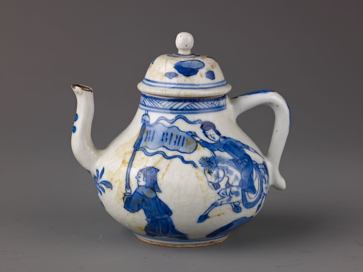 Small covered wine pot or teapot, Chinese  , Qing Dynasty, Kangxi period, Porcelain painted in underglaze blue., Chinese