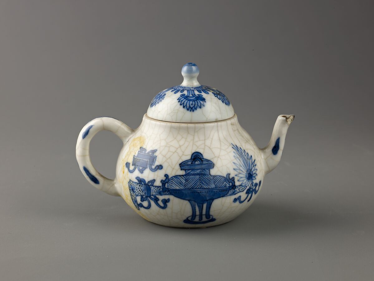 Small covered wine pot or teapot, Chinese  , Qing Dynasty, Kangxi period, "Soft-paste" type porcelain painted in underglaze blue., Chinese