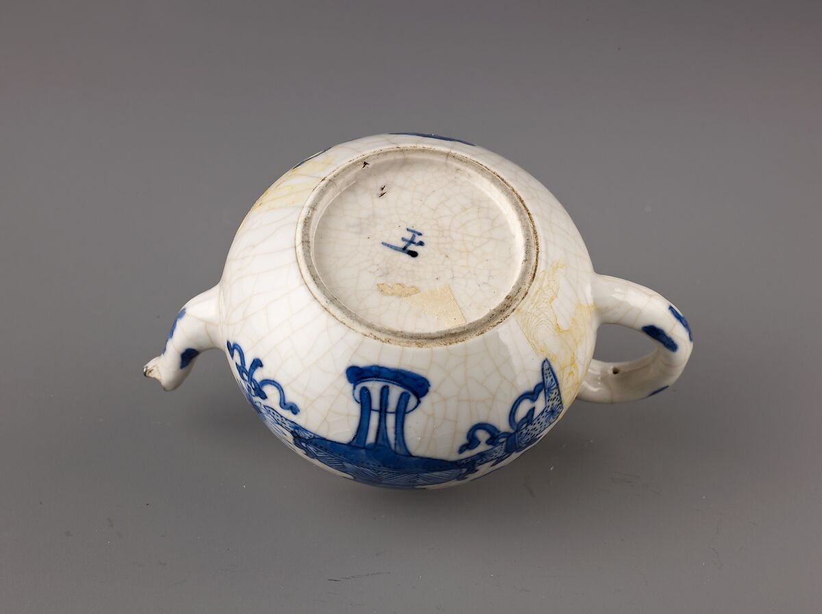Small covered wine pot or teapot, Chinese  , Qing Dynasty, Kangxi period, "Soft-paste" type porcelain painted in underglaze blue., Chinese